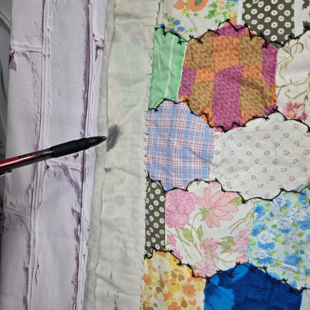 VTG‎ Handmade Hexagon Grandmother Flower Garden Patchwork Antique Quilt 72x70
